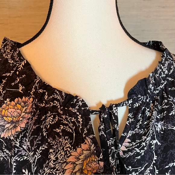 LOFT PLUS Black Floral Print Elastic Waist Tie Neck Long Sleeve Dress Size 18 - Picture 2 of 8